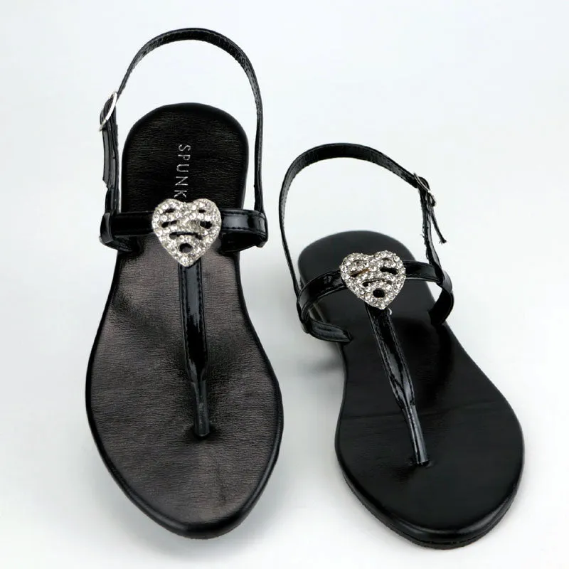 Women T Strap Crystal Heart Interlocking Thong Flats