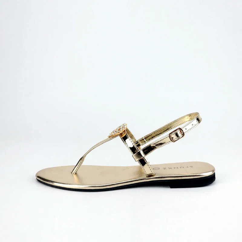 Women T Strap Crystal Heart Interlocking Thong Flats