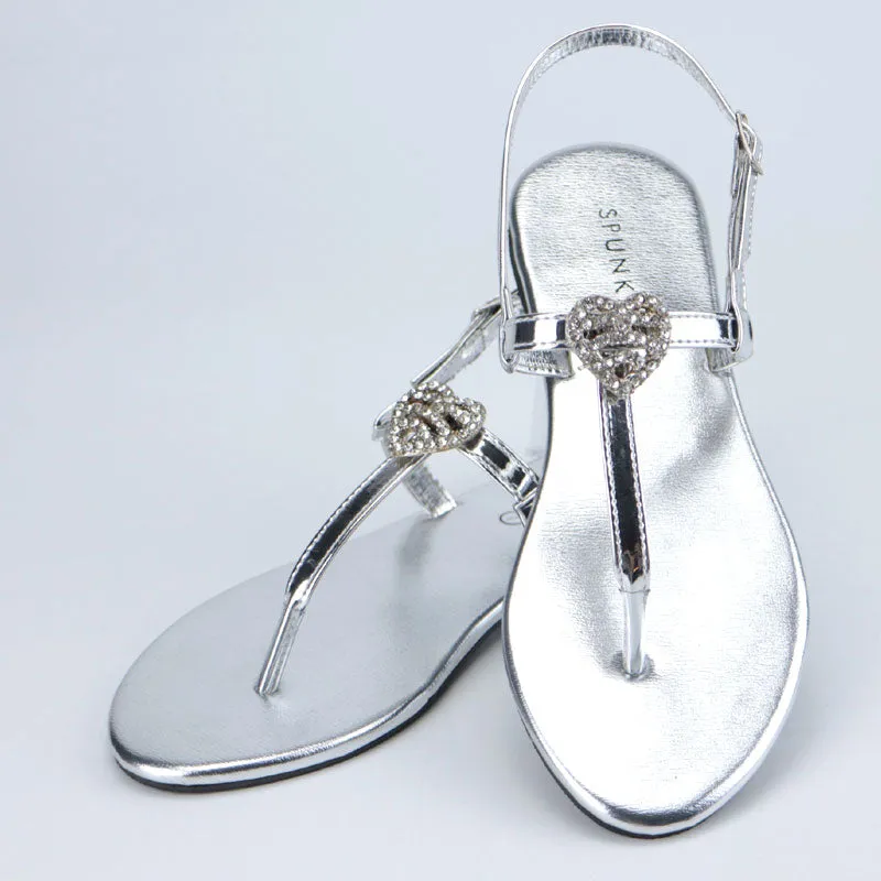 Women T Strap Crystal Heart Interlocking Thong Flats