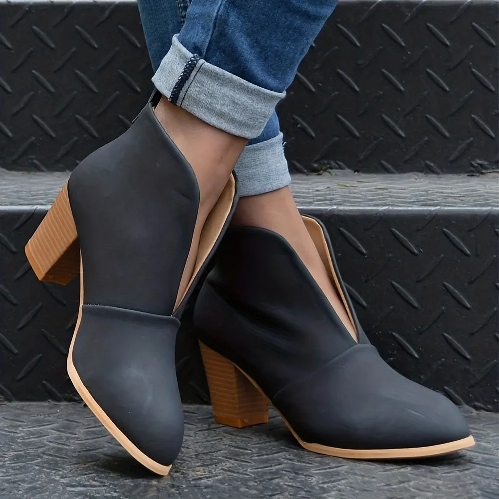 Women's Block Heeled Short Boots, Comfortable Closed Toe Slip On Shoes, Women's Fashion Ankle Boots