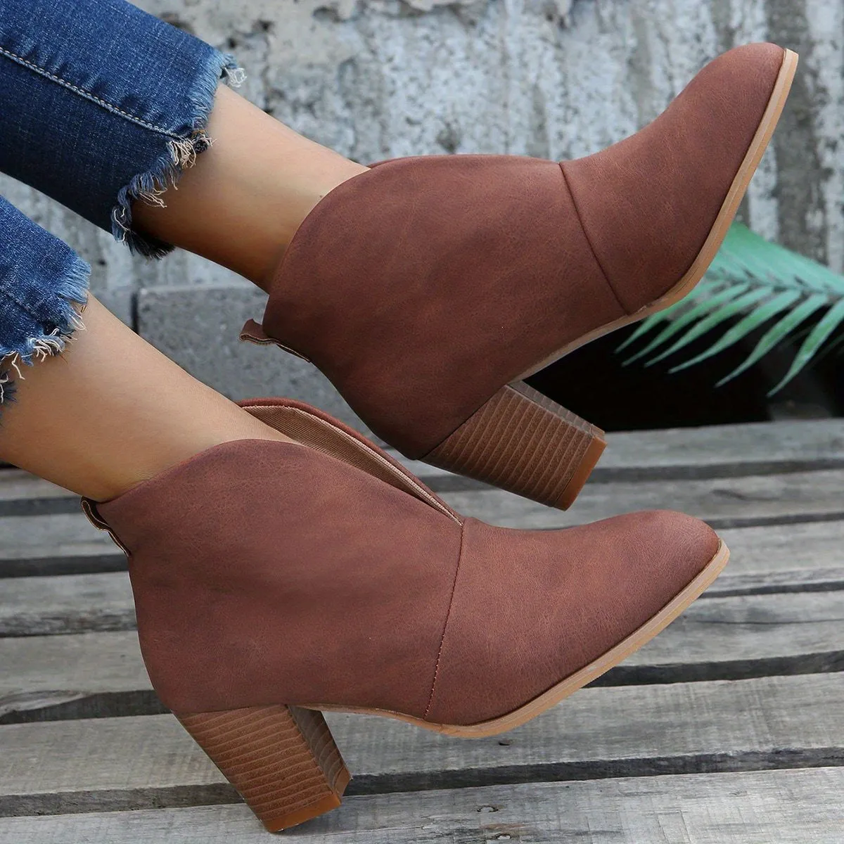 Women's Block Heeled Short Boots, Comfortable Closed Toe Slip On Shoes, Women's Fashion Ankle Boots