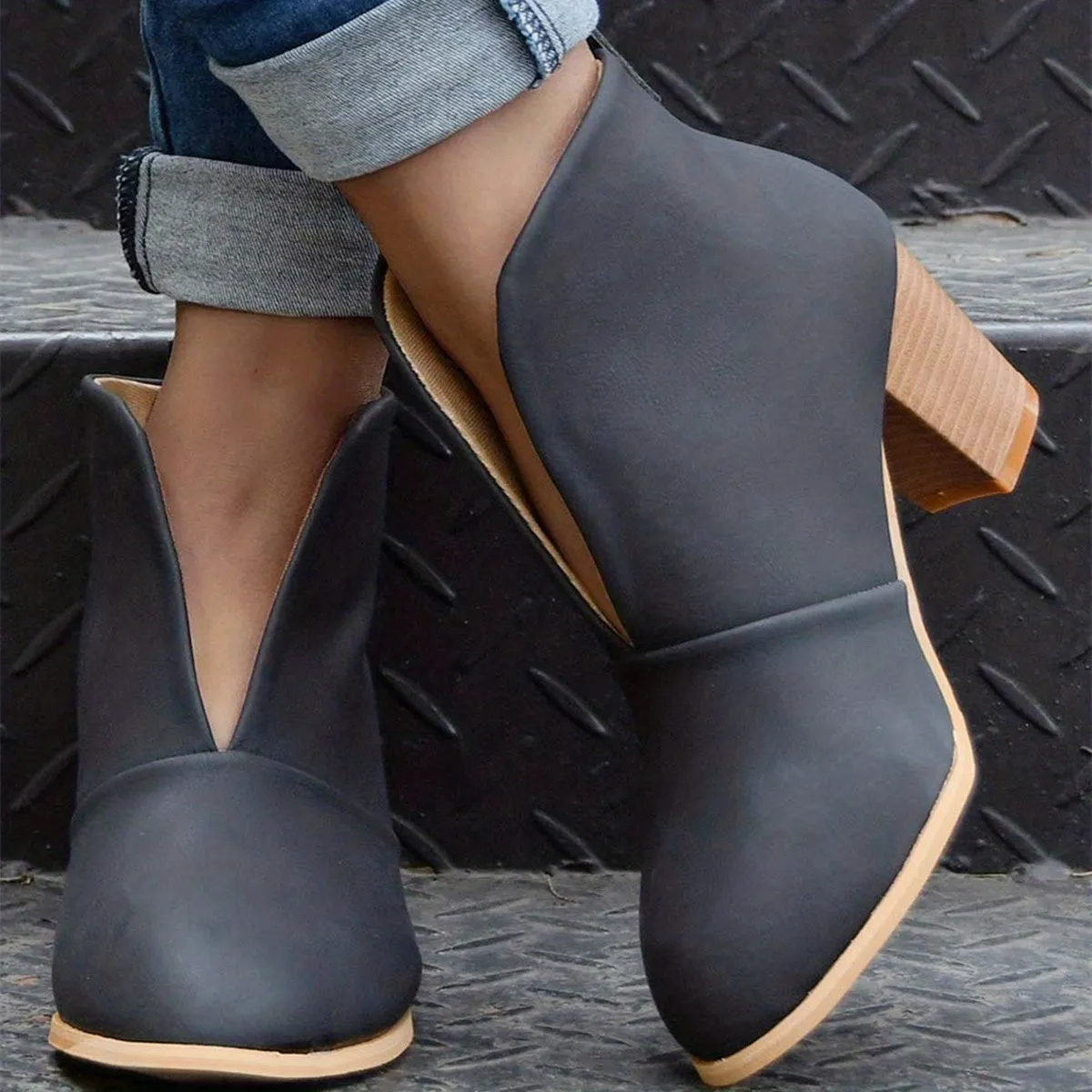 Women's Block Heeled Short Boots, Comfortable Closed Toe Slip On Shoes, Women's Fashion Ankle Boots