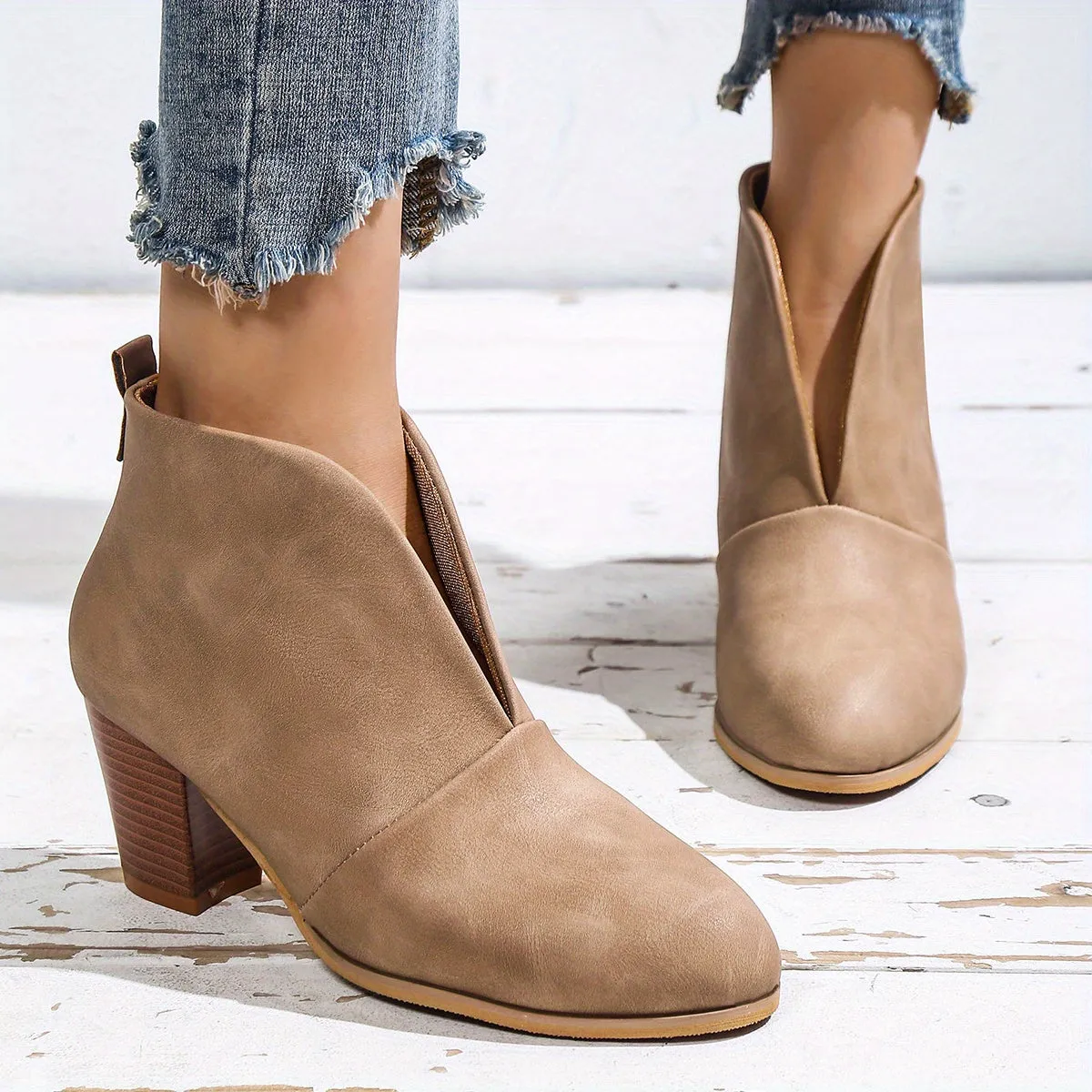 Women's Block Heeled Short Boots, Comfortable Closed Toe Slip On Shoes, Women's Fashion Ankle Boots