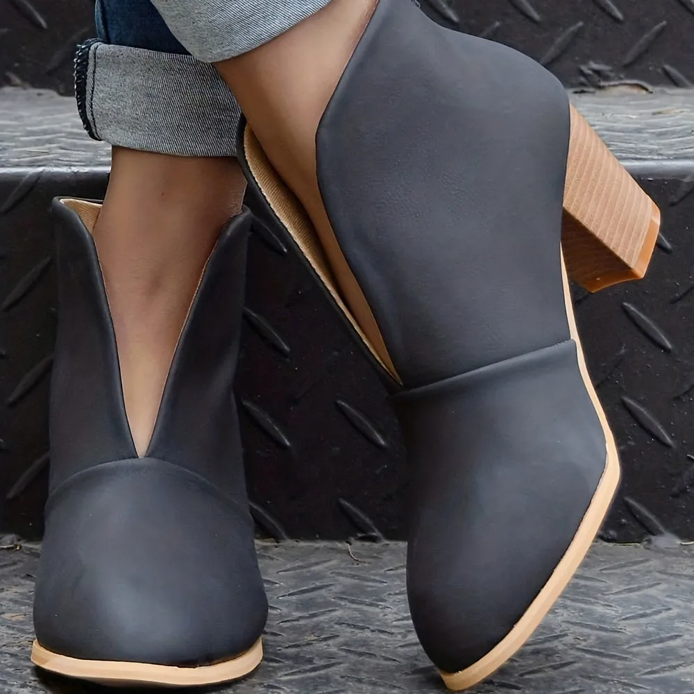 Women's Block Heeled Short Boots, Comfortable Closed Toe Slip On Shoes, Women's Fashion Ankle Boots