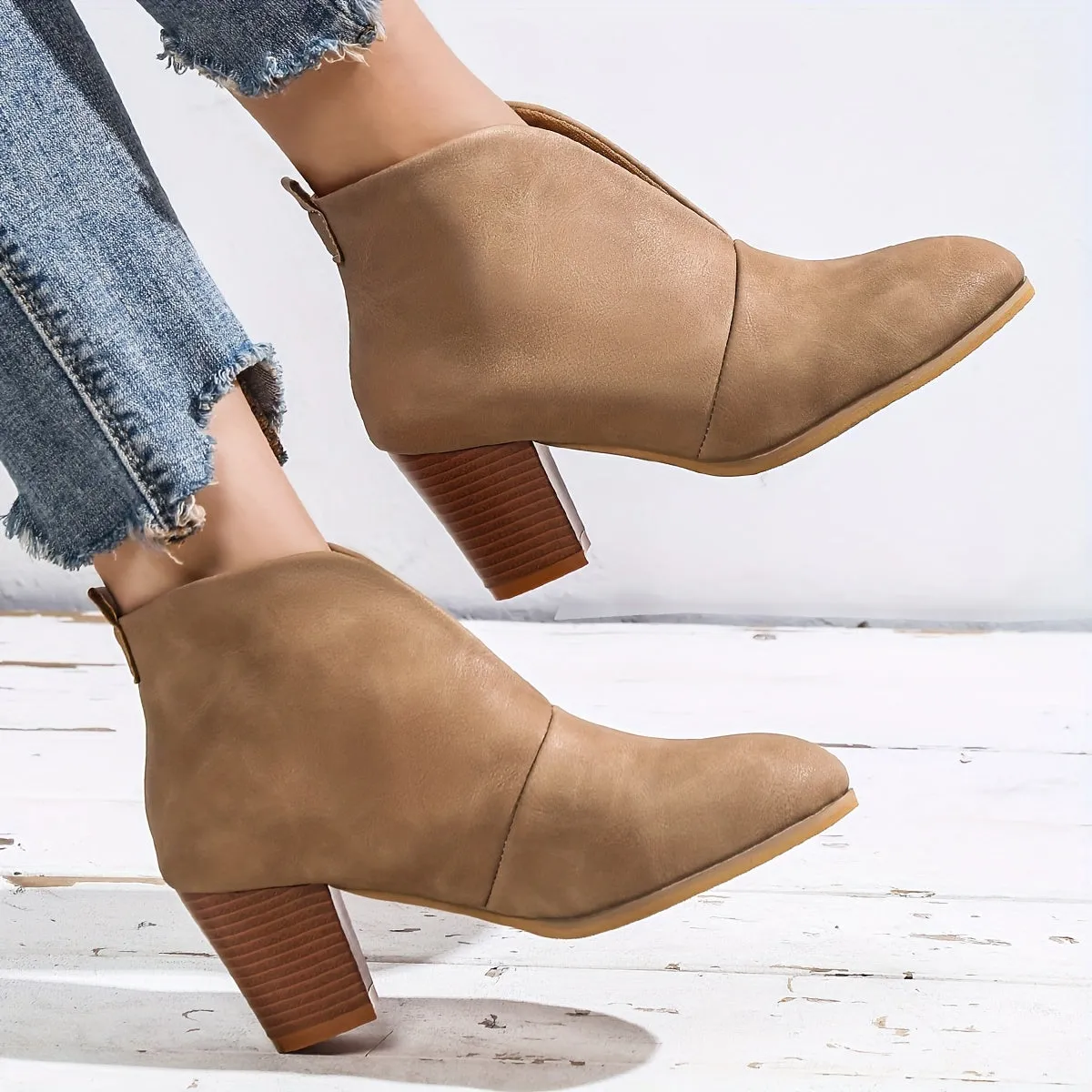 Women's Block Heeled Short Boots, Comfortable Closed Toe Slip On Shoes, Women's Fashion Ankle Boots