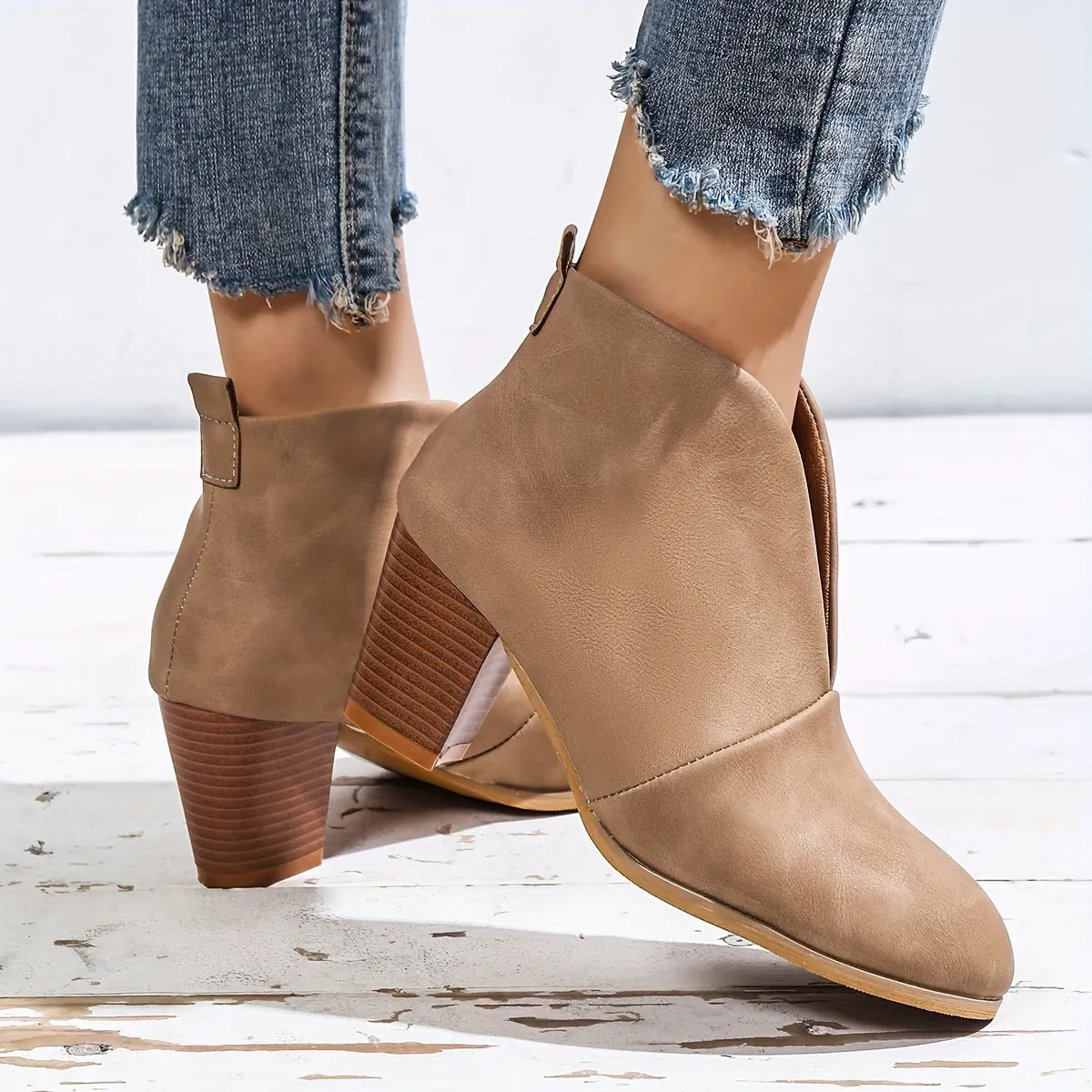 Women's Block Heeled Short Boots, Comfortable Closed Toe Slip On Shoes, Women's Fashion Ankle Boots