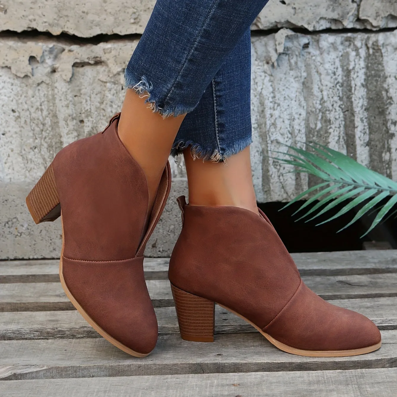 Women's Block Heeled Short Boots, Comfortable Closed Toe Slip On Shoes, Women's Fashion Ankle Boots