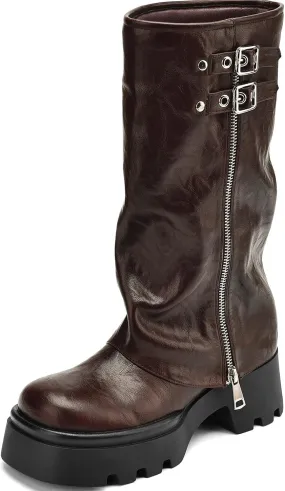 Women's Knee High Boots Comfortable Platform Round Toe Moto Boots Buckle Dress Fold Over Boots for Women