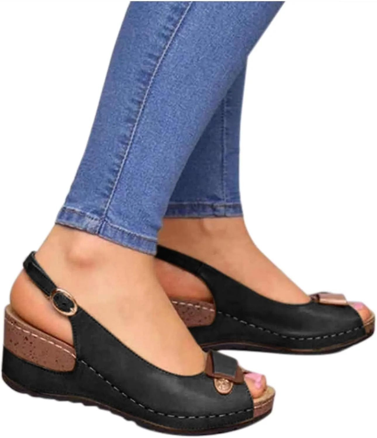 Women's Peep Toe Wedge Sandals Trendy Slip on Platform Outdoor Ankle Strap Sandal Summer Beach Shoes