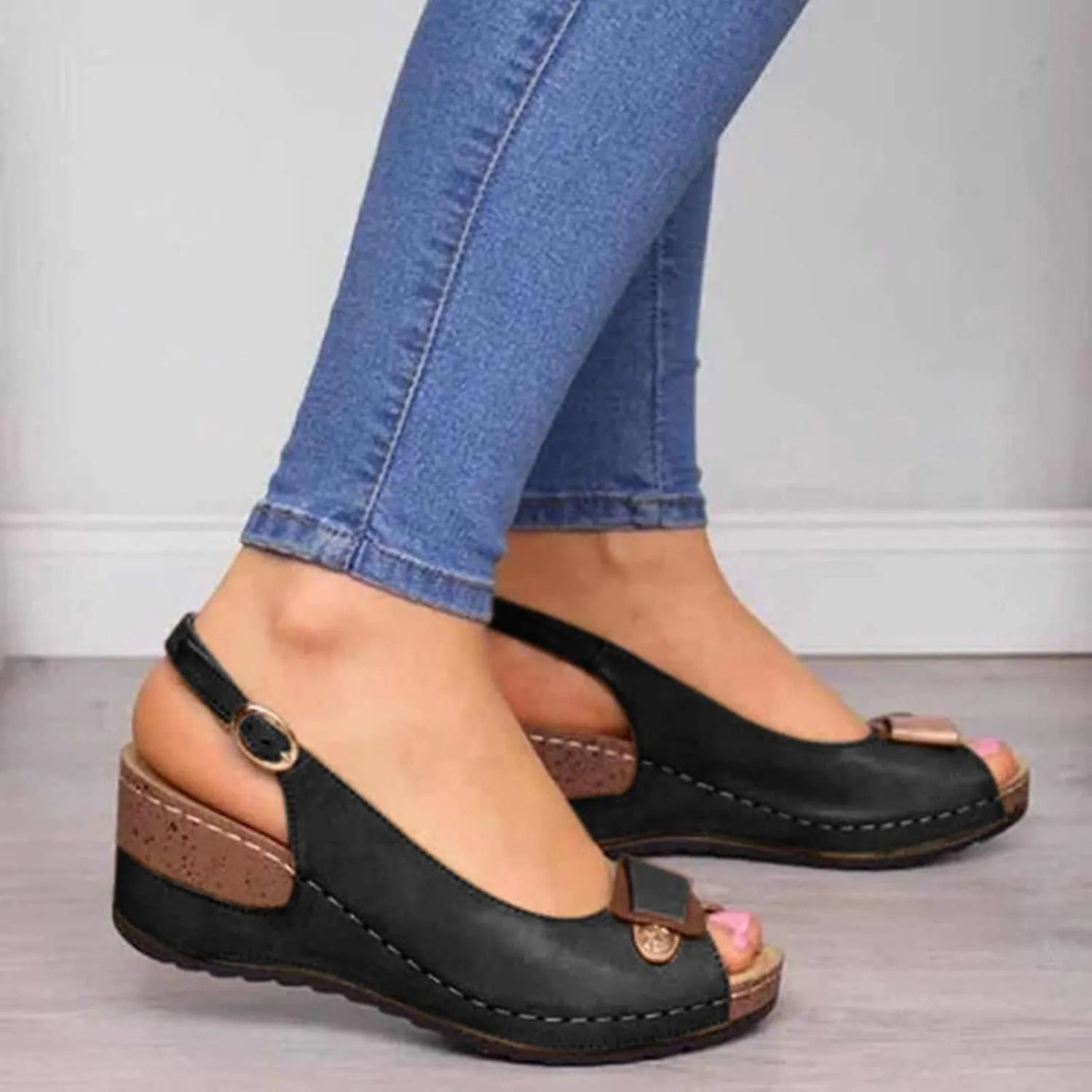 Women's Peep Toe Wedge Sandals Trendy Slip on Platform Outdoor Ankle Strap Sandal Summer Beach Shoes