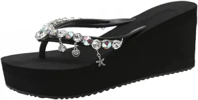 Women's Rhinestone Platform Flip Flops Boho Sparkly Wedge Thong Sandals Trendy Outdoor Slippers Summer Beach Slide Sandals