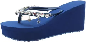 Women's Rhinestone Platform Flip Flops Boho Sparkly Wedge Thong Sandals Trendy Outdoor Slippers Summer Beach Slide Sandals