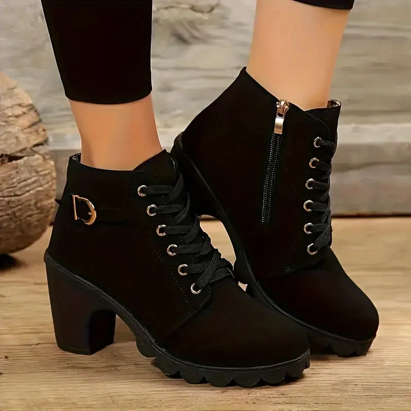 Women's Solid Color Chunky Heel Short Boots, Fashion Lace Up Ankle Boots, Women's Comfortable Side Zipper Boots